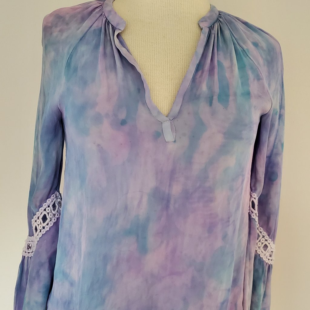 Silk Blouse Long Flair Sleeve Hippie Crochet Shirt Purple Blue Gray 6 8 Small M